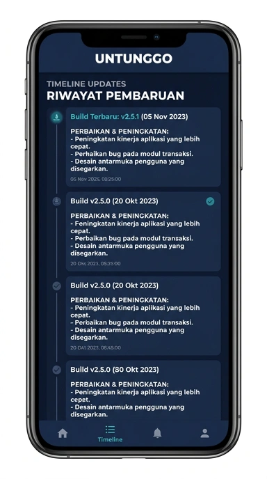 Tampilan riwayat versi untunggo